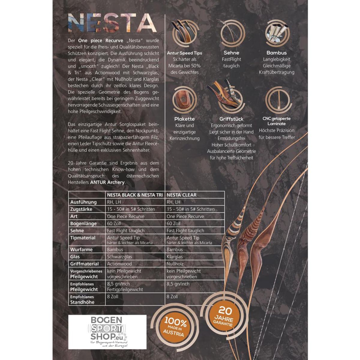 Antur Einteiliger Recurvebögen Nesta Clear 60"