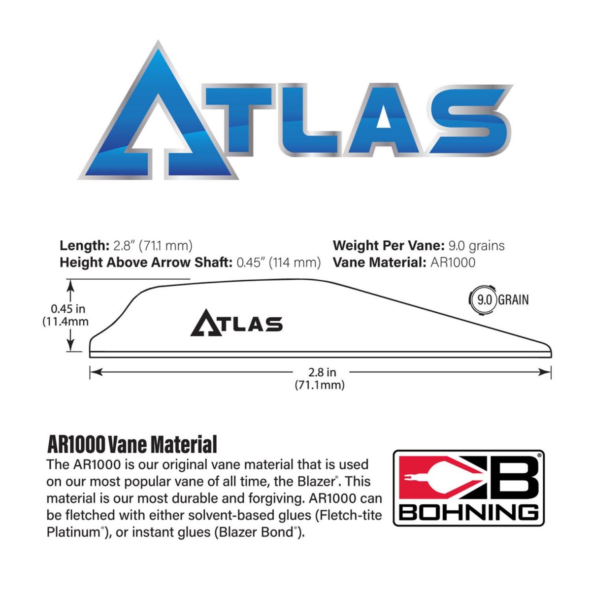 Bohning Vanes Atlas AR1000 2.8" (100 Pcs.)